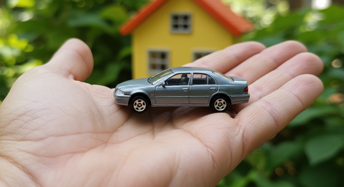 A car model in the palm of a hand.