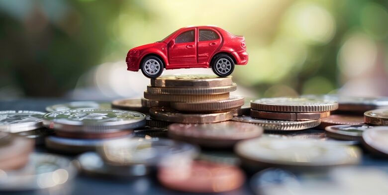 A red toy car on a stack of coins.